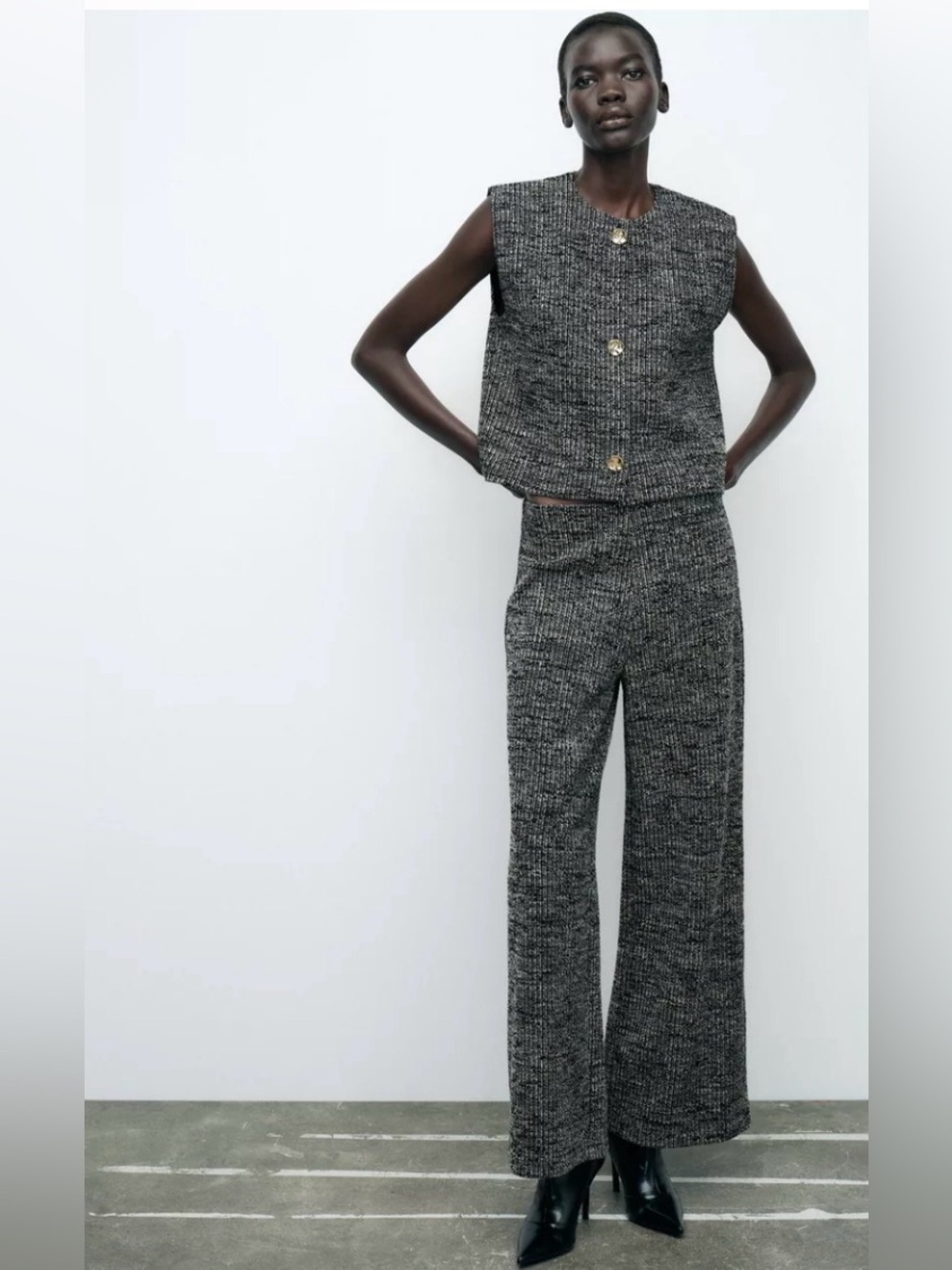 Zara Charcoal Tweed Sleeveless Vest & Wide-Leg Pants Set